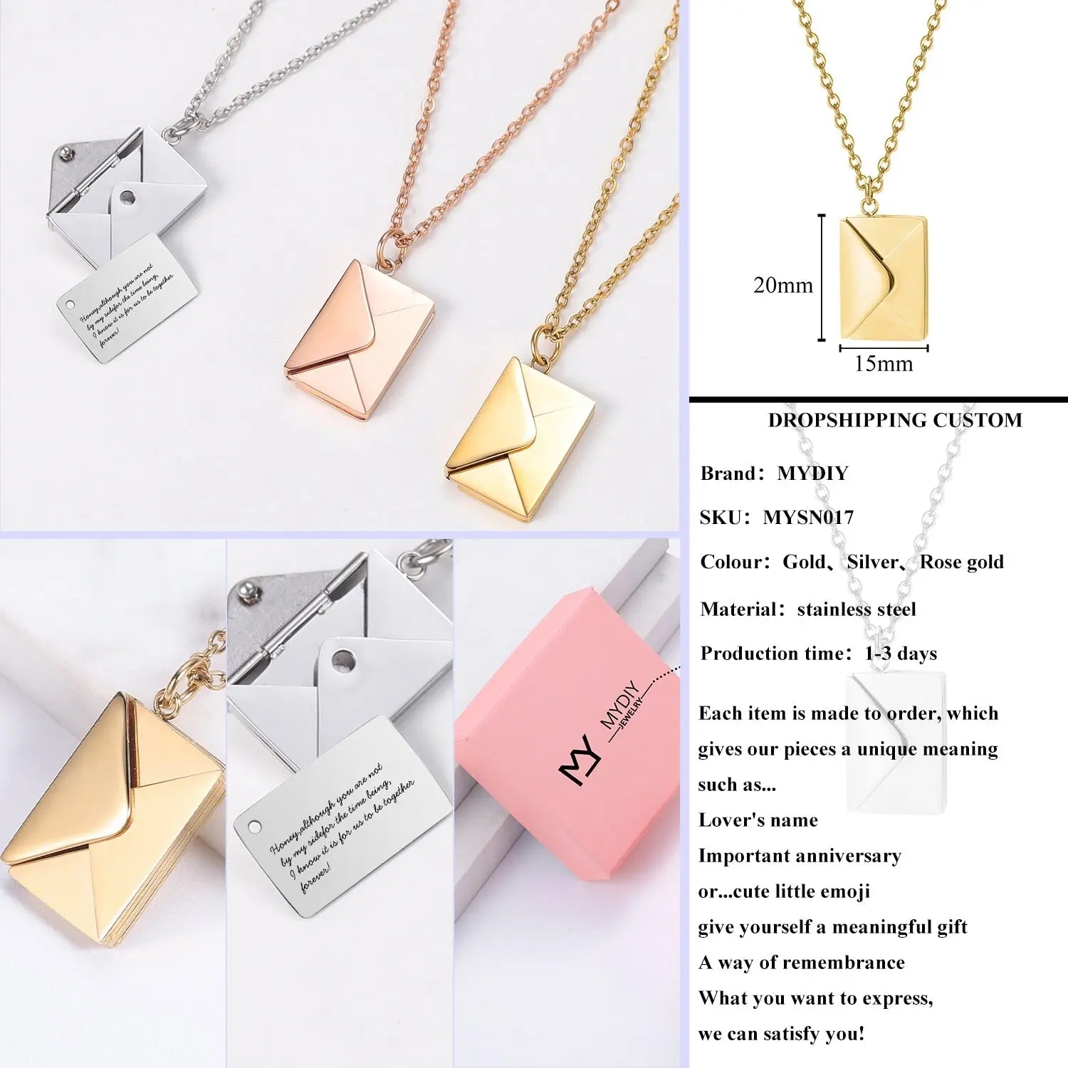 Personalized Custom Envelope Custom Photo Engraved Name Necklace Pendant - Blade & Thread