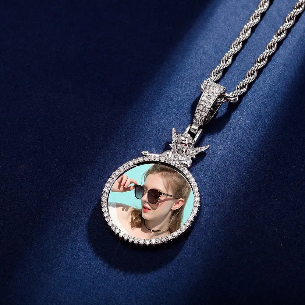Personalized Custom Photo Pendan Round With Angel Accessories Jewelry - Blade & Thread