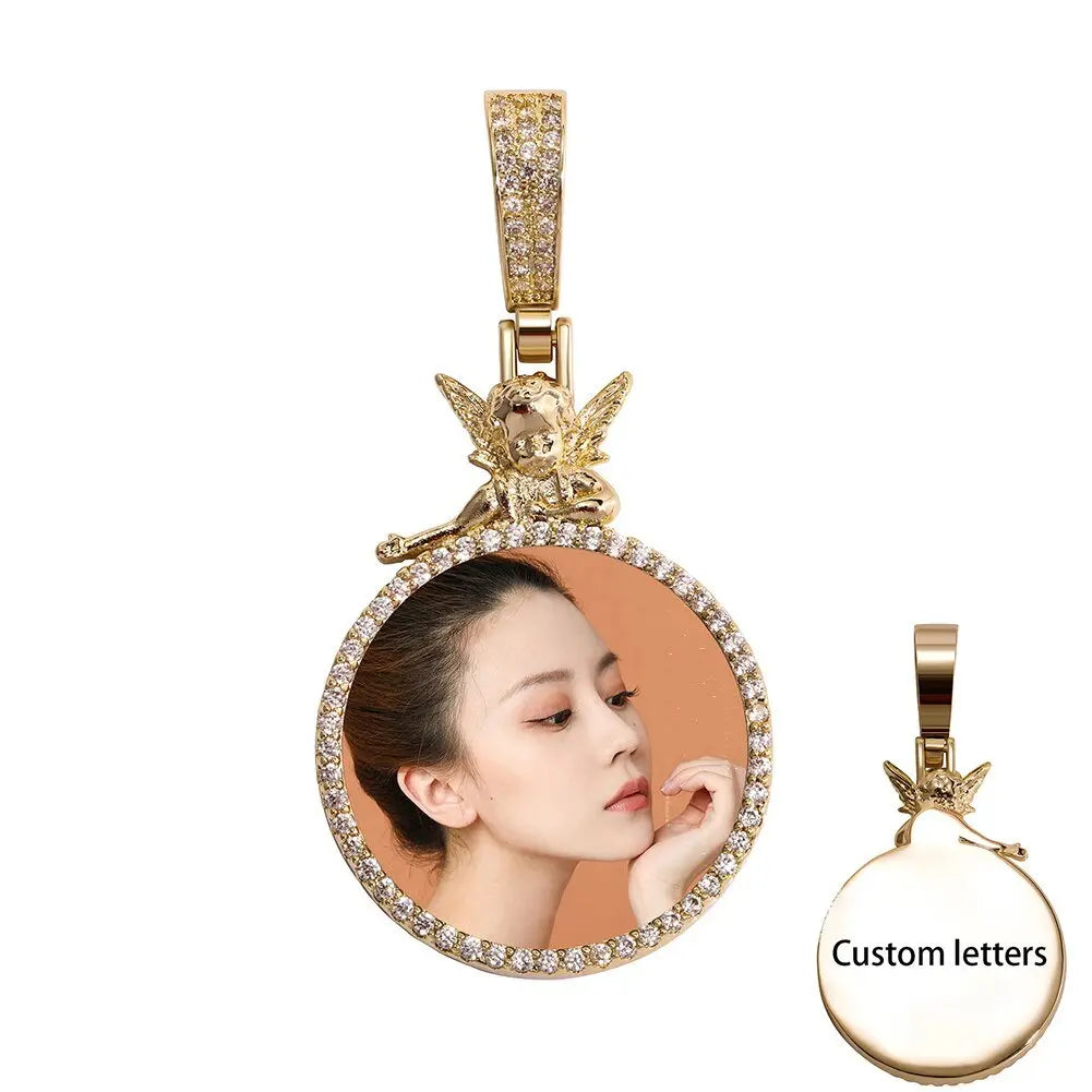 Personalized Custom Photo Pendan Round With Angel Accessories Jewelry - Blade & Thread