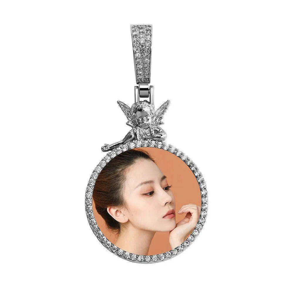 Personalized Custom Photo Pendan Round With Angel Accessories Jewelry - Blade & Thread