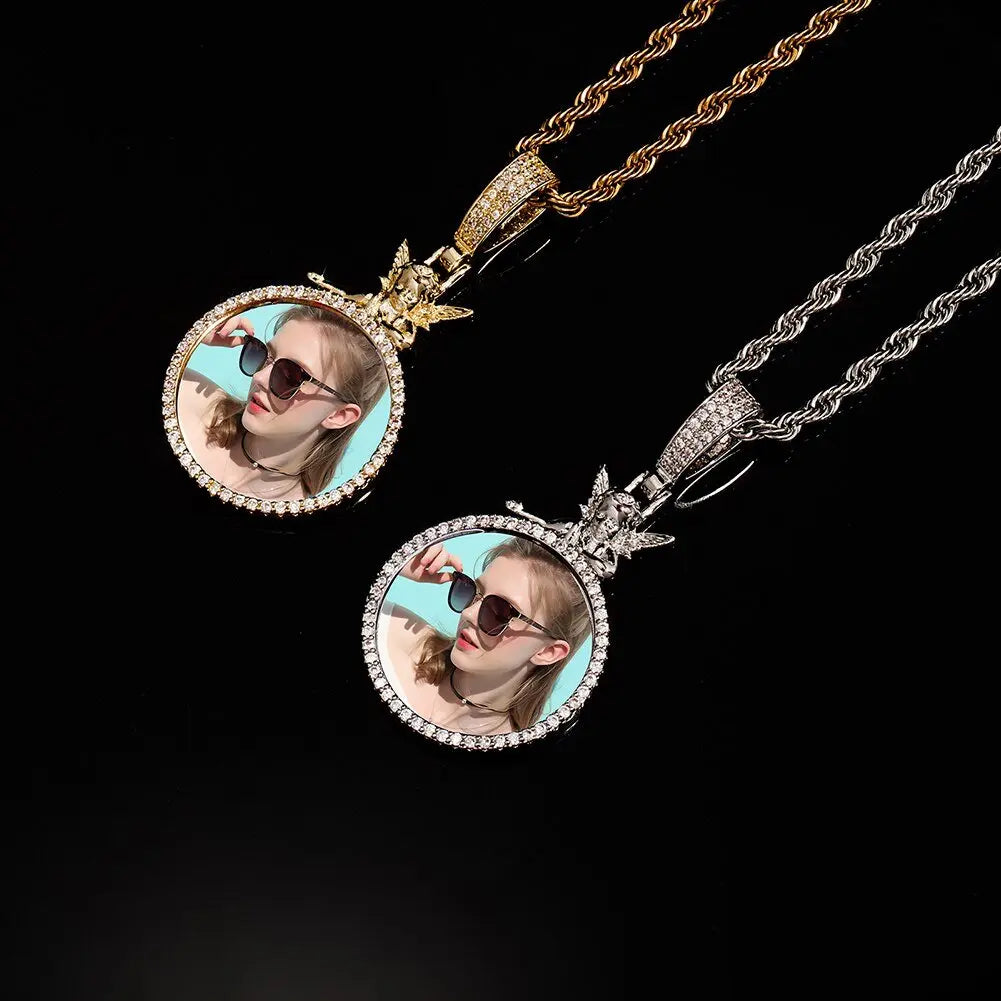 Personalized Custom Photo Pendan Round With Angel Accessories Jewelry - Blade & Thread
