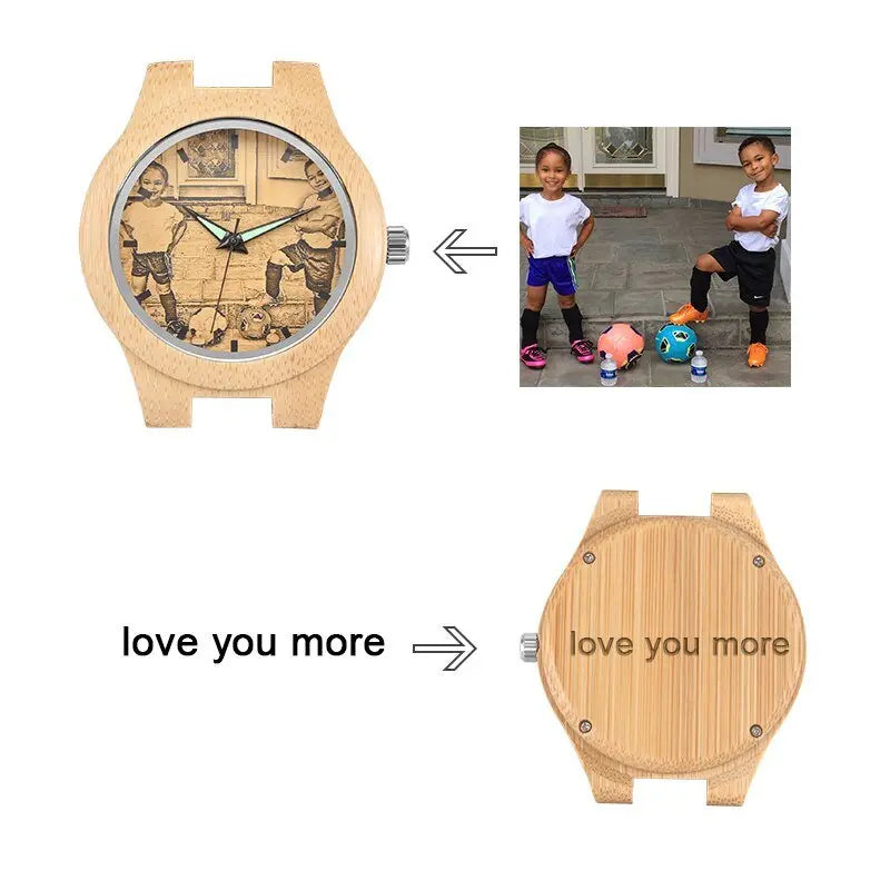 Personalized Custom Photo Texts Wooden Watch Log Wood Case Genuine Leather Watches - Blade & Thread