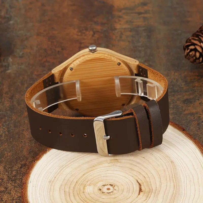 Personalized Custom Photo Texts Wooden Watch Log Wood Case Genuine Leather Watches - Blade & Thread