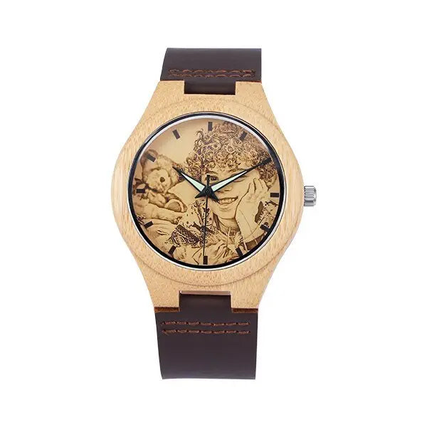 Personalized Custom Photo Texts Wooden Watch Log Wood Case Genuine Leather Watches - Blade & Thread