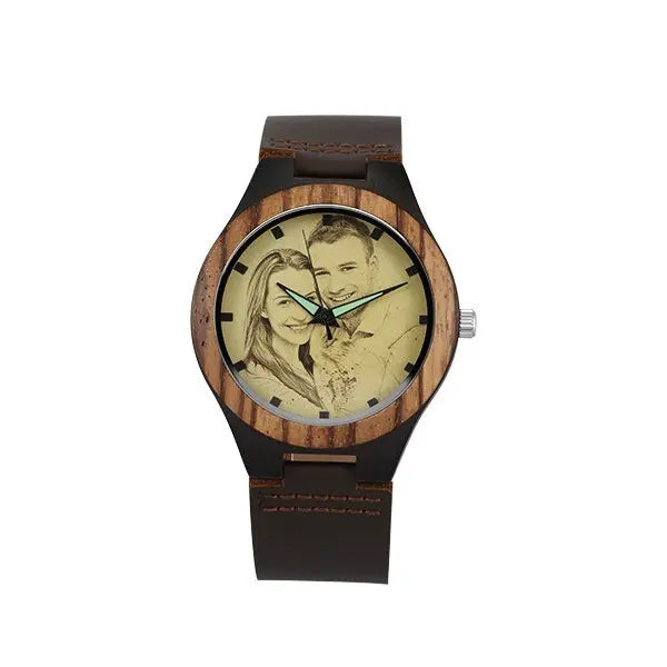 Personalized Custom Watch Photo Ebony Wooden Watch Engraving Picture Leather Band Unique Quartz Watches - Blade & Thread