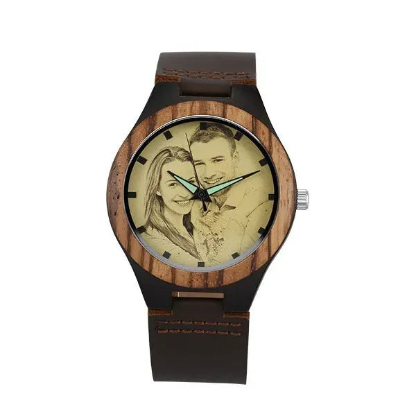 Personalized Custom Watch Photo Ebony Wooden Watch Engraving Picture Leather Band Unique Quartz Watches - Blade & Thread