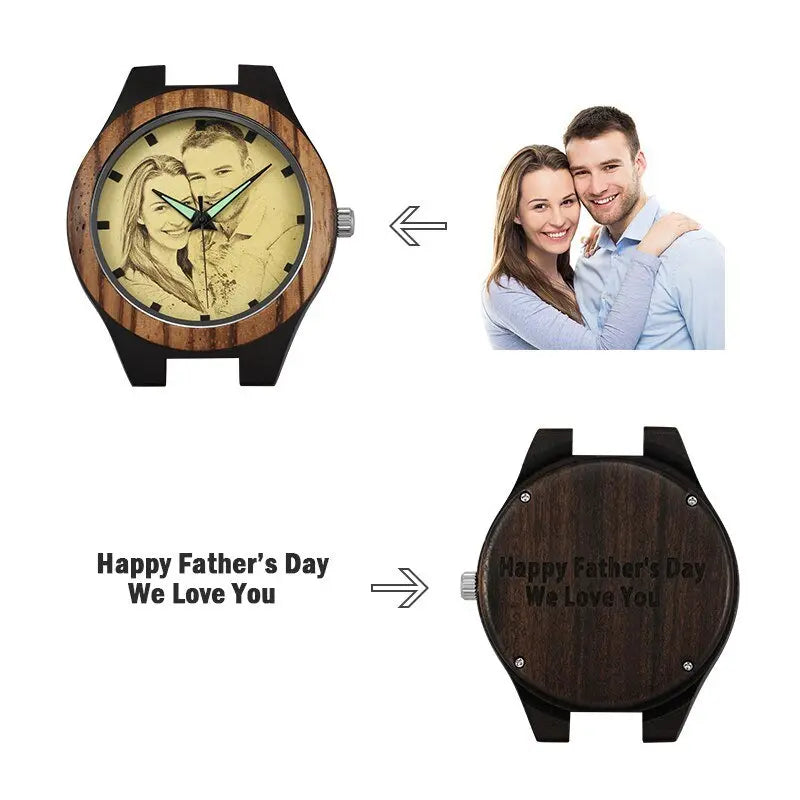Personalized Custom Watch Photo Ebony Wooden Watch Engraving Picture Leather Band Unique Quartz Watches - Blade & Thread