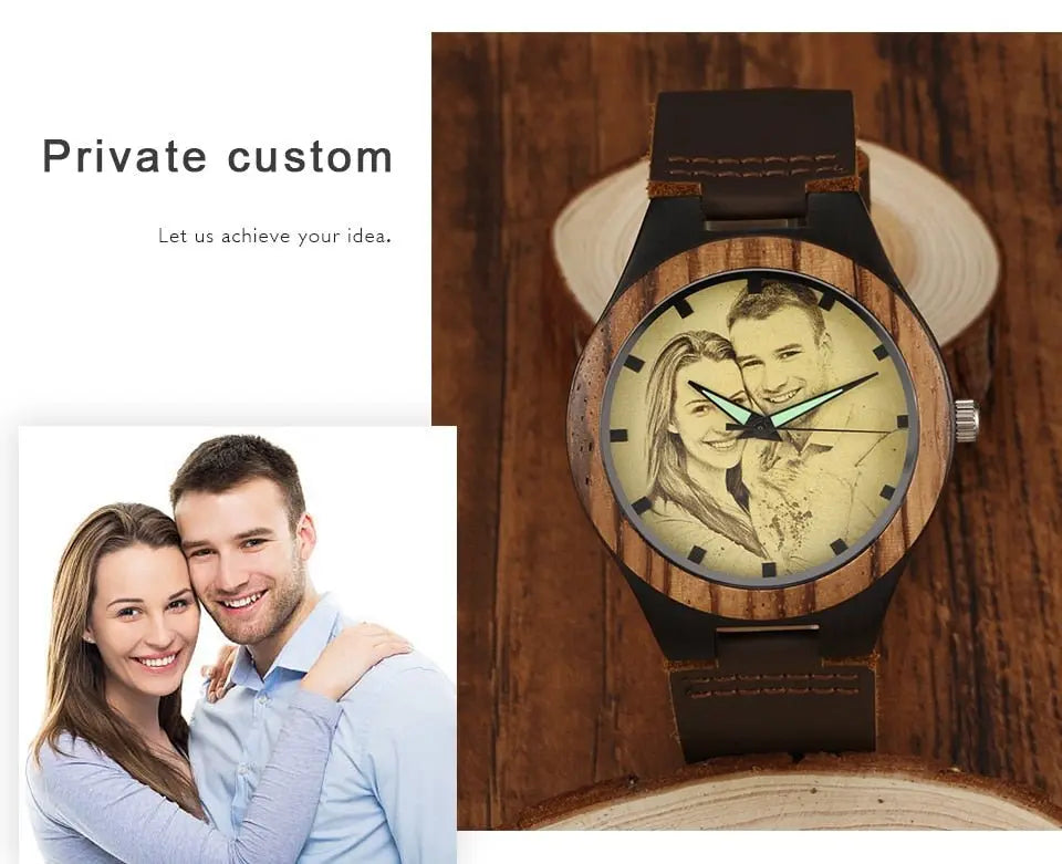 Personalized Custom Watch Photo Ebony Wooden Watch Engraving Picture Leather Band Unique Quartz Watches - Blade & Thread