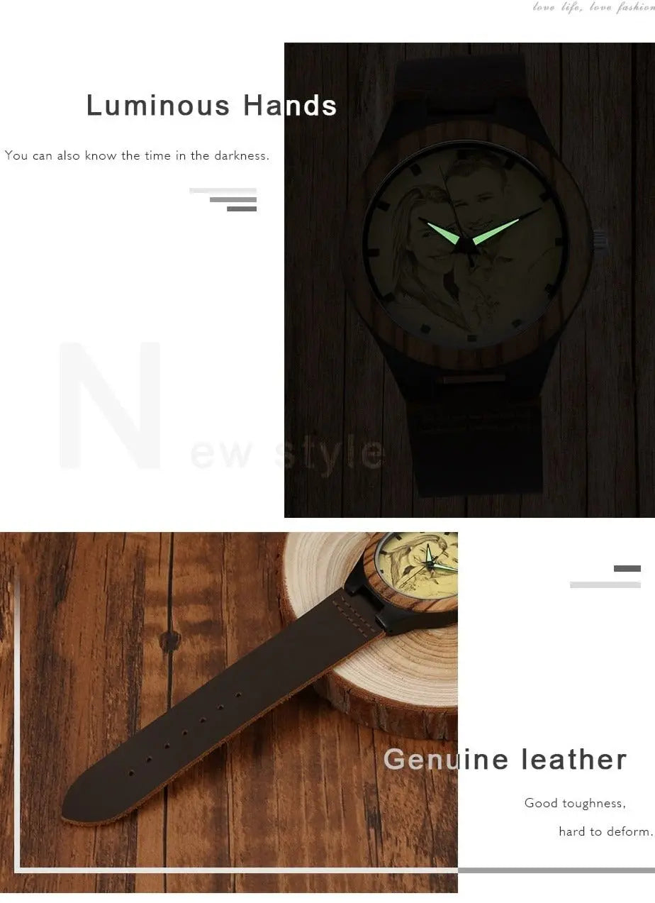 Personalized Custom Watch Photo Ebony Wooden Watch Engraving Picture Leather Band Unique Quartz Watches - Blade & Thread
