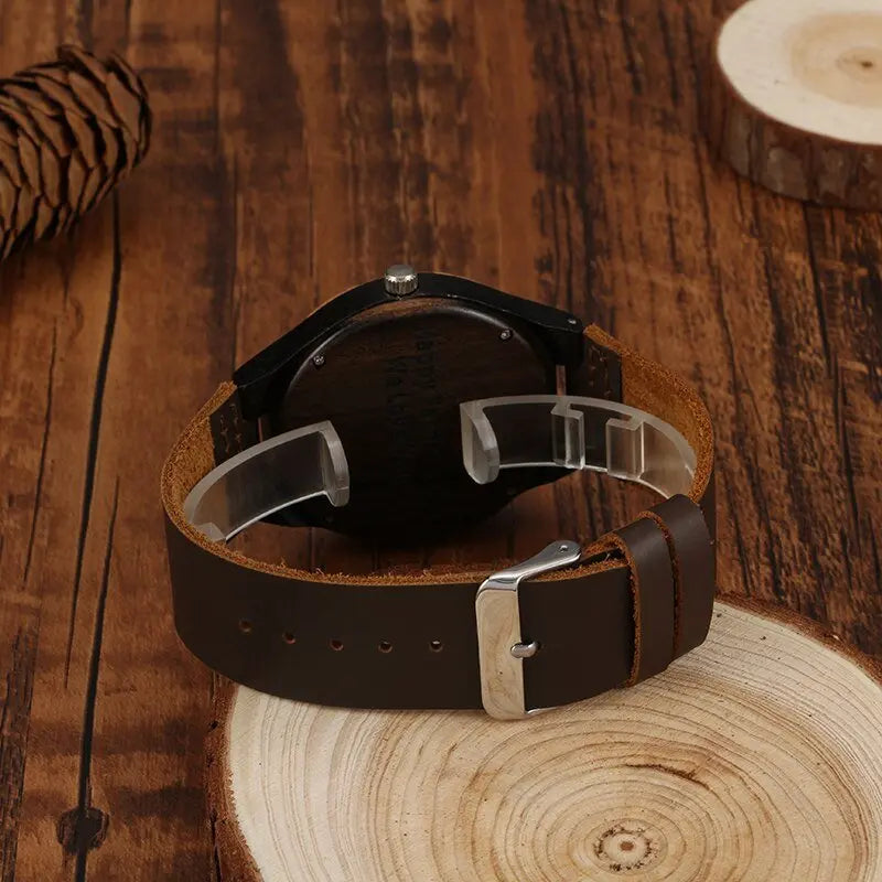 Personalized Custom Watch Photo Ebony Wooden Watch Engraving Picture Leather Band Unique Quartz Watches - Blade & Thread