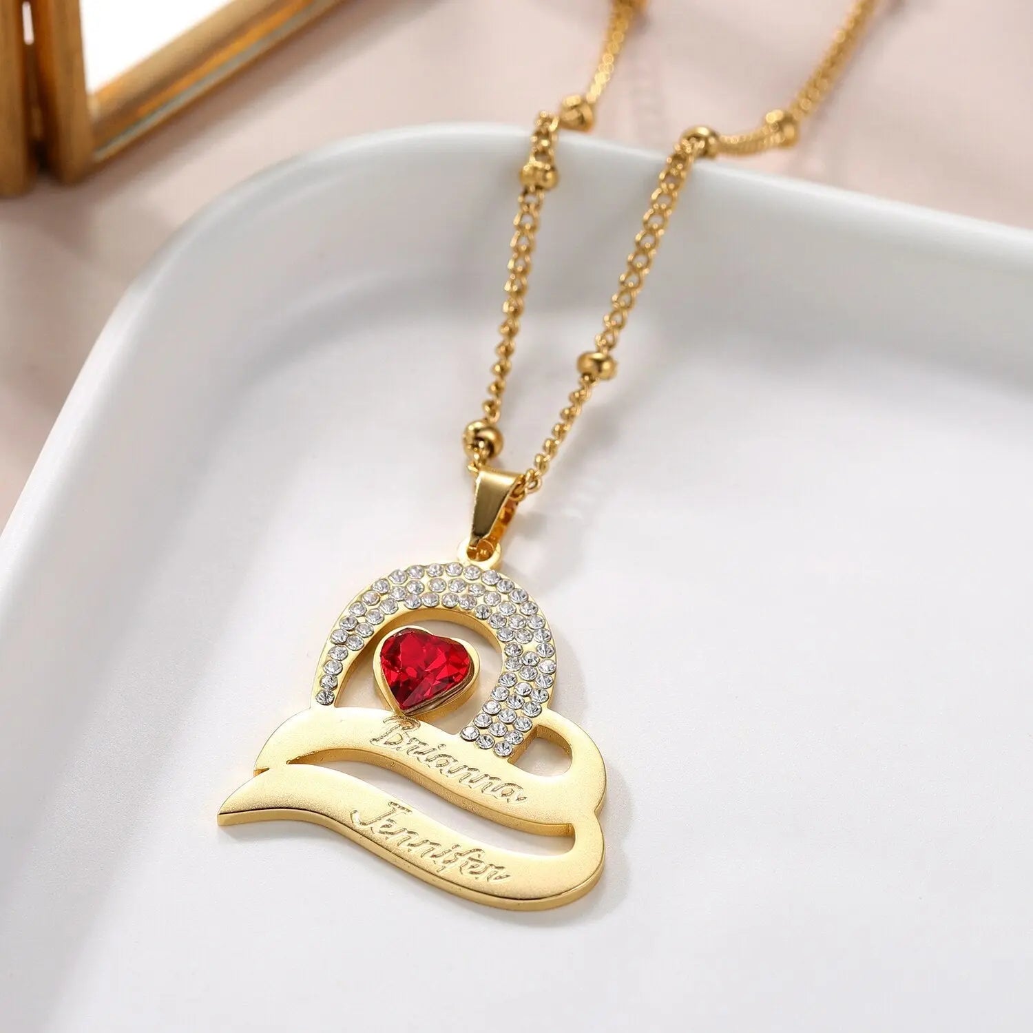 Personalized Delicate Cubic Zirconia Stones Engraved Names Custom Heart Pendant - Blade & Thread