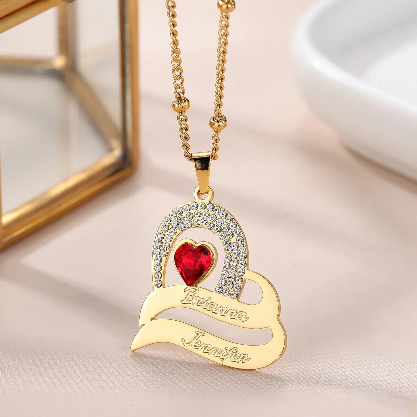 Personalized Delicate Cubic Zirconia Stones Engraved Names Custom Heart Pendant - Blade & Thread
