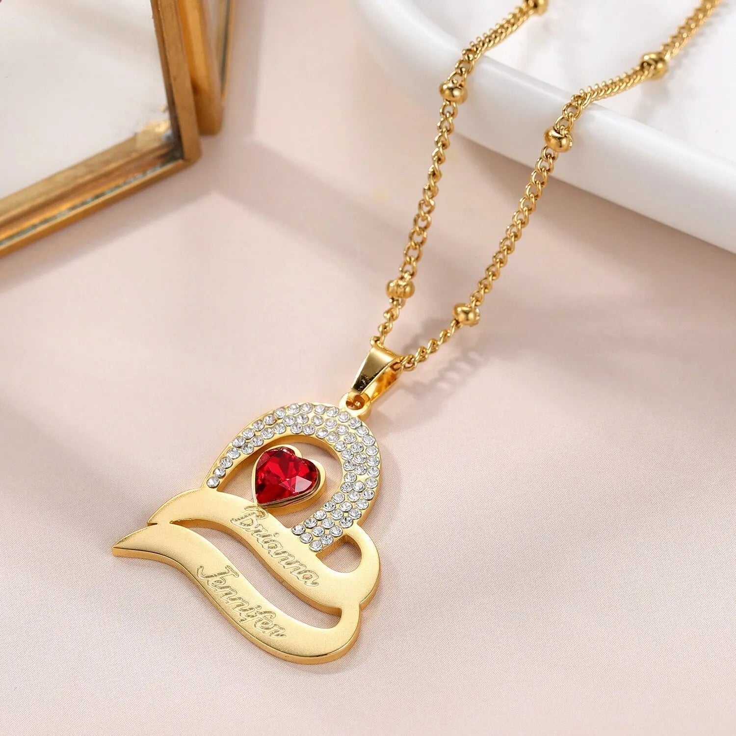 Personalized Delicate Cubic Zirconia Stones Engraved Names Custom Heart Pendant - Blade & Thread