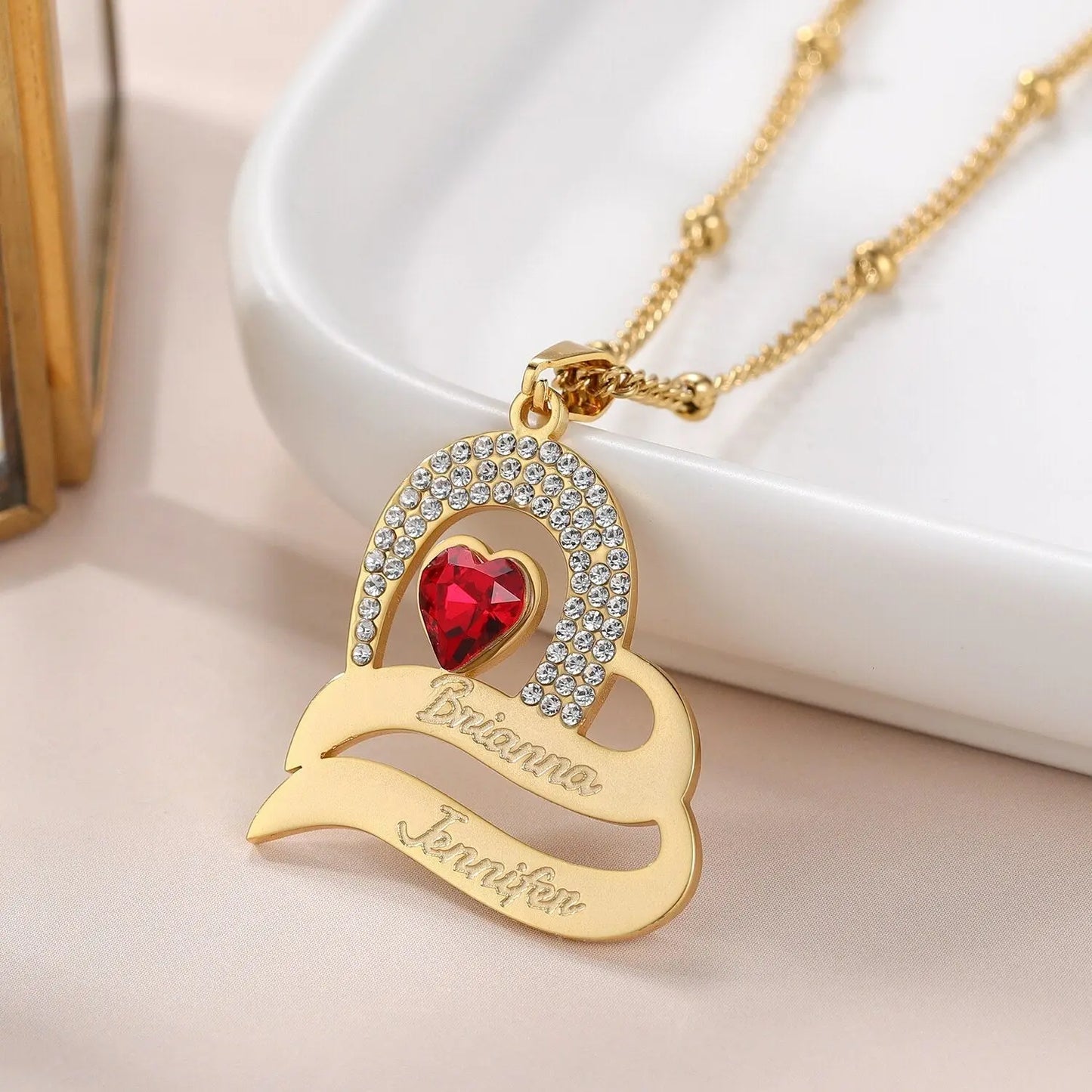 Personalized Delicate Cubic Zirconia Stones Engraved Names Custom Heart Pendant - Blade & Thread