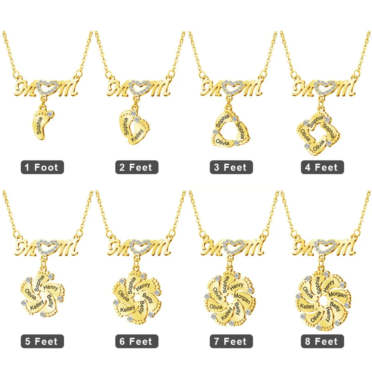 Personalized Diamond Mom Necklace With Crystal Baby Feet Engraved Names Pendant - Blade & Thread