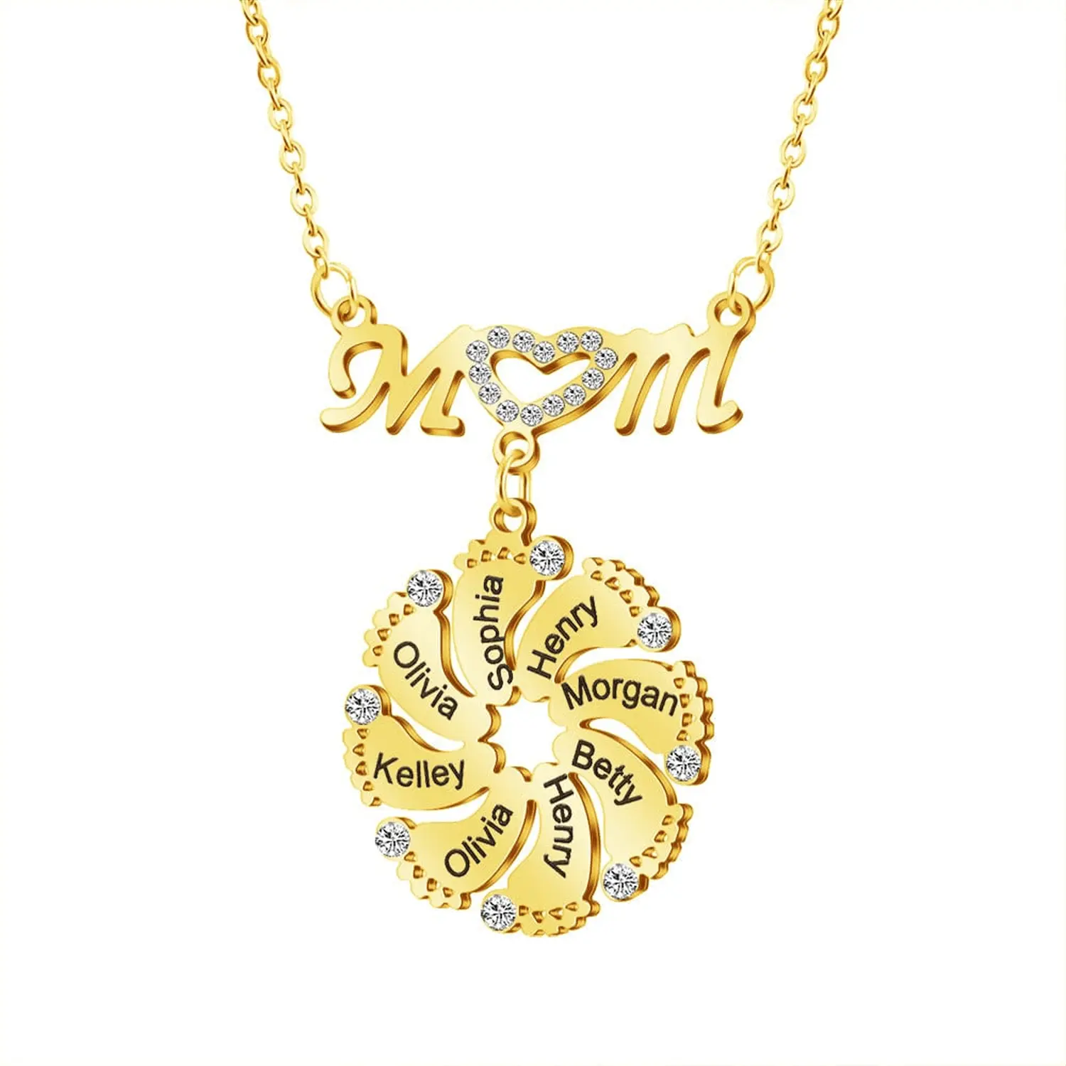 Personalized Diamond Mom Necklace With Crystal Baby Feet Engraved Names Pendant - Blade & Thread