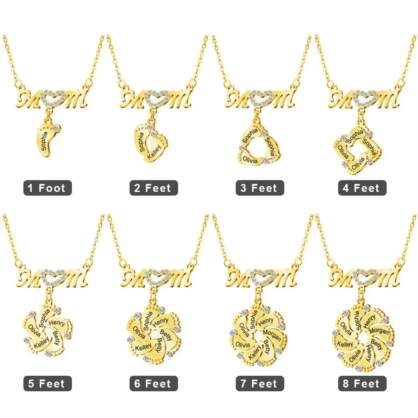 Personalized Diamond Mom Necklace With Crystal Baby Feet Engraved Names Pendant - Blade & Thread