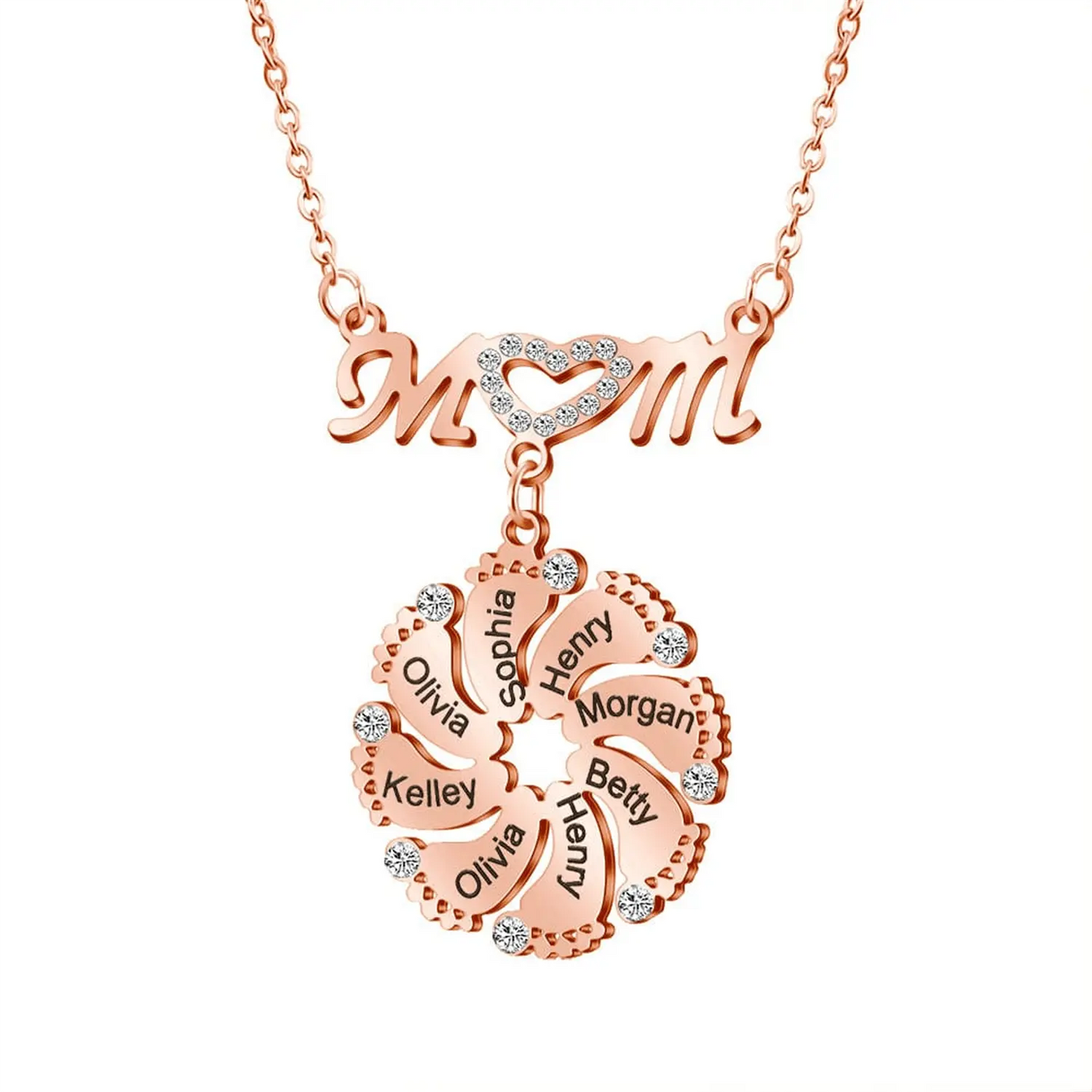 Personalized Diamond Mom Necklace With Crystal Baby Feet Engraved Names Pendant - Blade & Thread