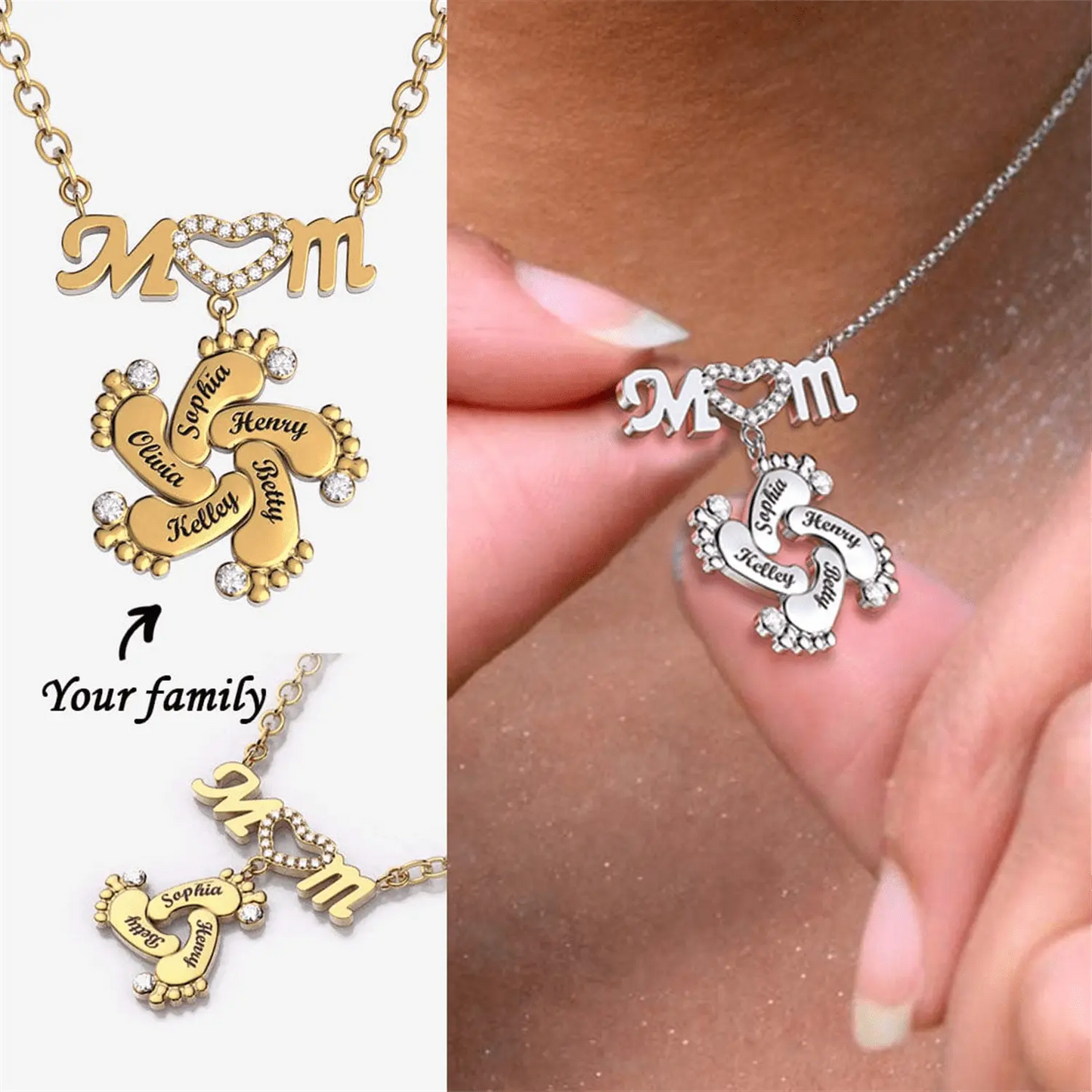 Personalized Diamond Mom Necklace With Crystal Baby Feet Engraved Names Pendant - Blade & Thread