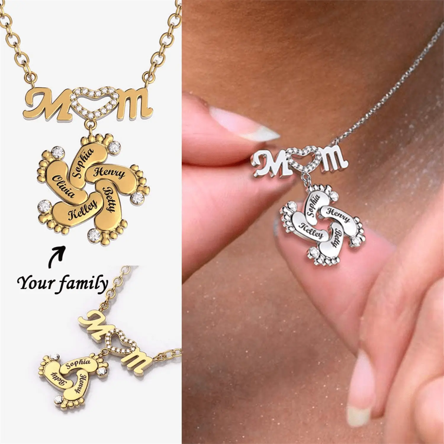 Personalized Diamond Mom Necklace With Crystal Baby Feet Engraved Names Pendant - Blade & Thread