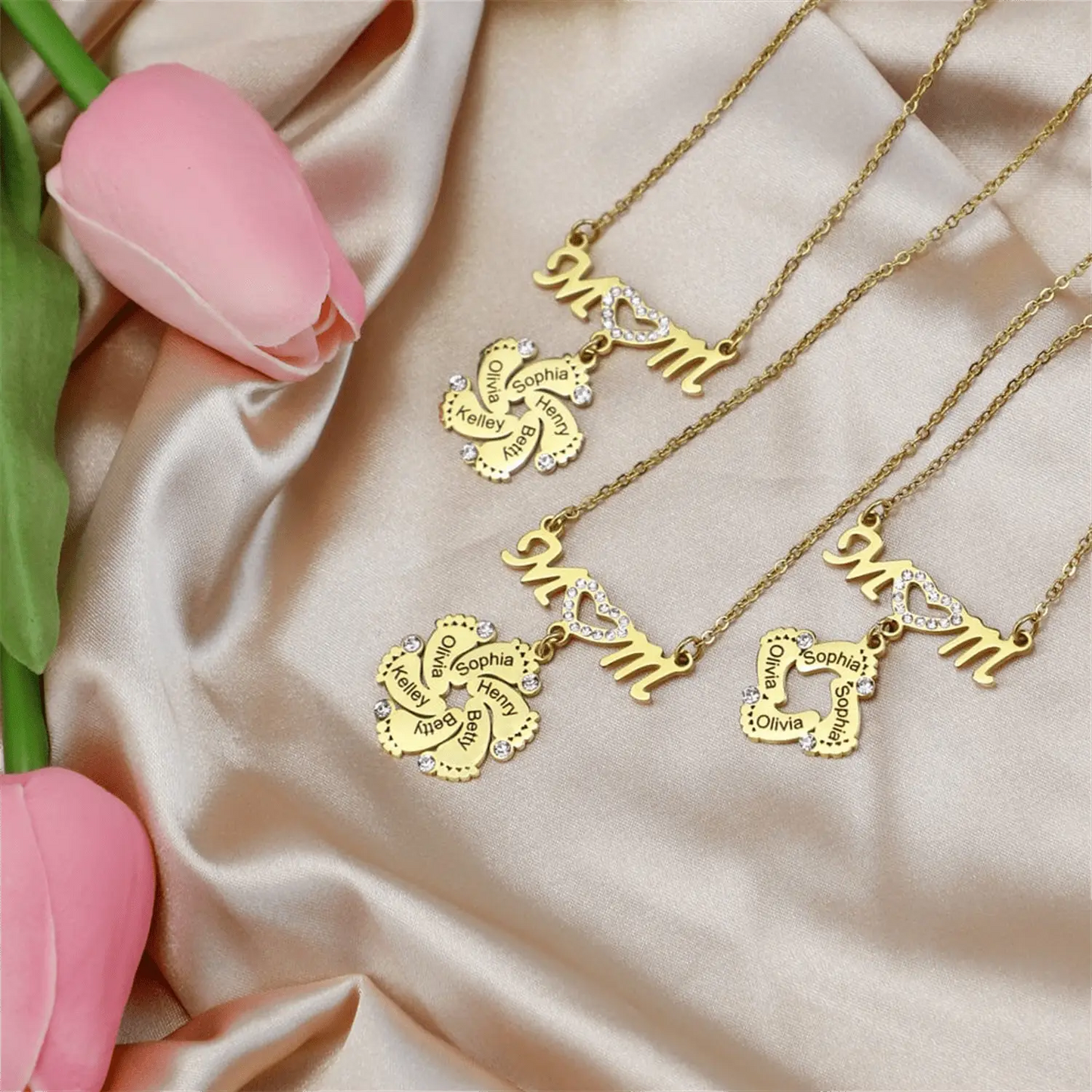 Personalized Diamond Mom Necklace With Crystal Baby Feet Engraved Names Pendant - Blade & Thread
