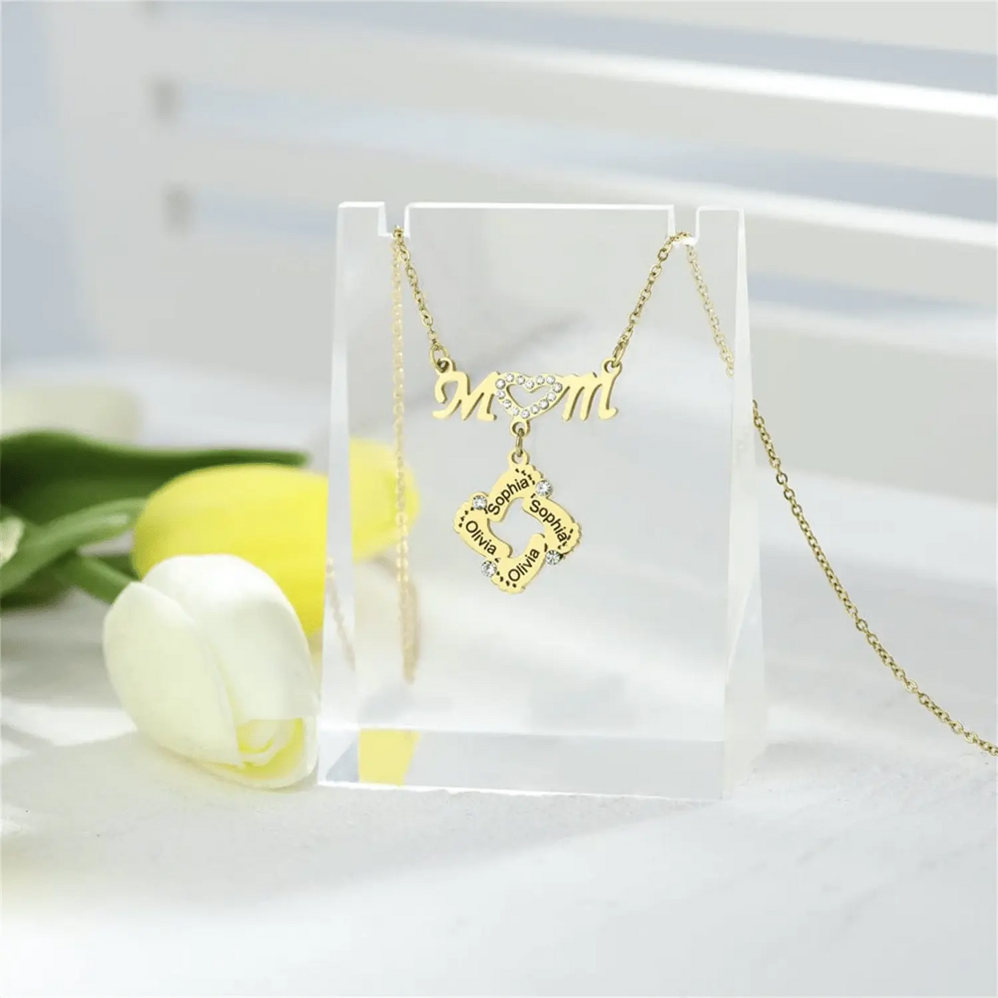 Personalized Diamond Mom Necklace With Crystal Baby Feet Engraved Names Pendant - Blade & Thread