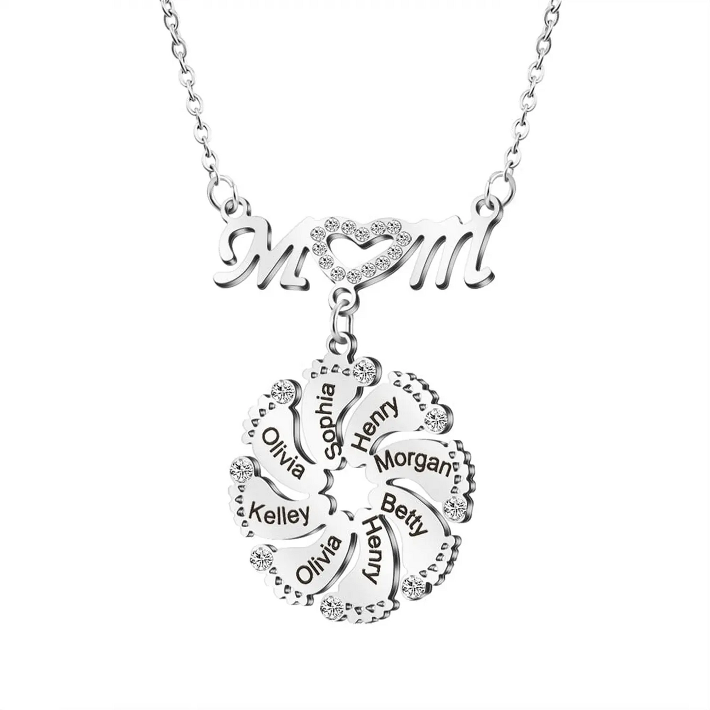 Personalized Diamond Mom Necklace With Crystal Baby Feet Engraved Names Pendant - Blade & Thread