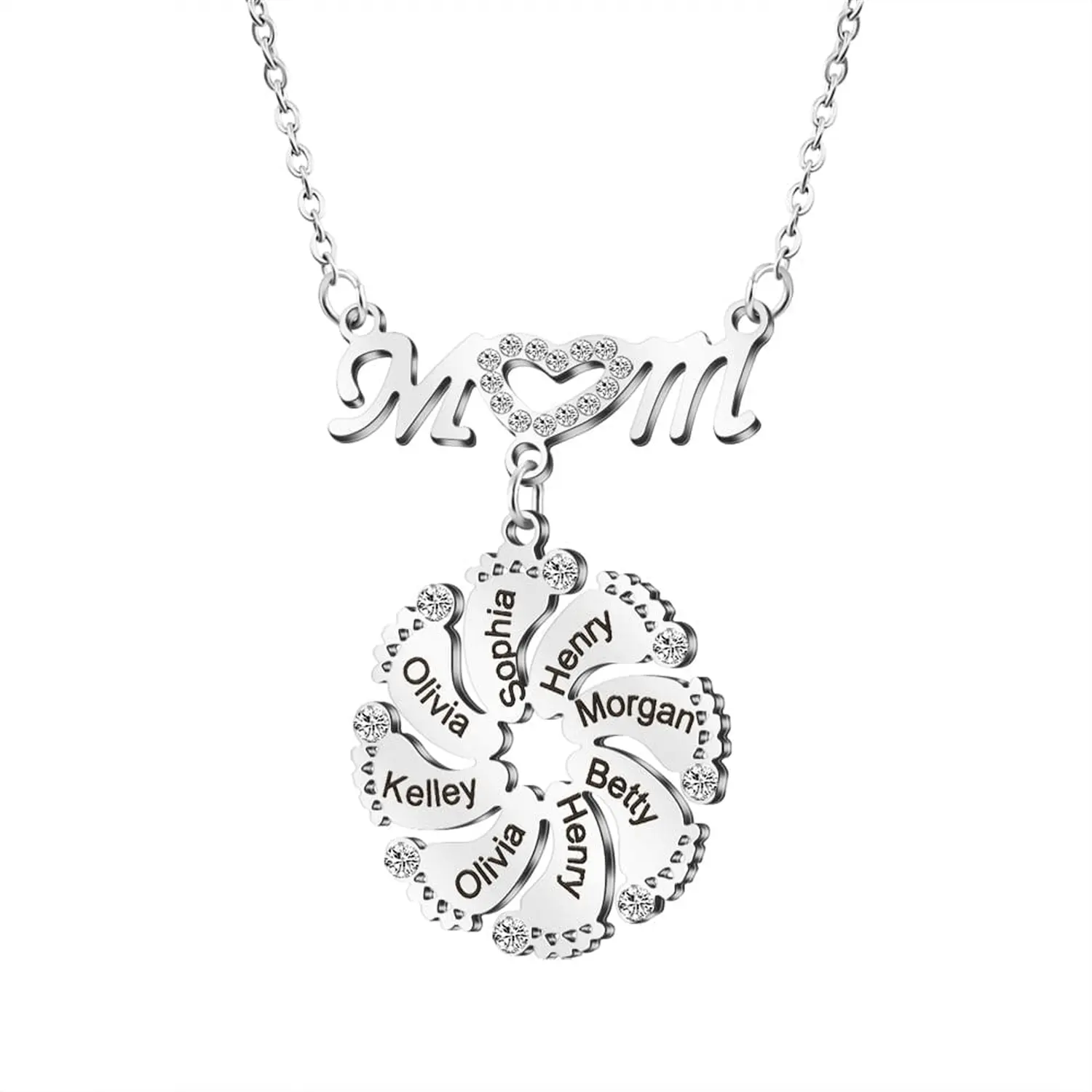 Personalized Diamond Mom Necklace With Crystal Baby Feet Engraved Names Pendant - Blade & Thread