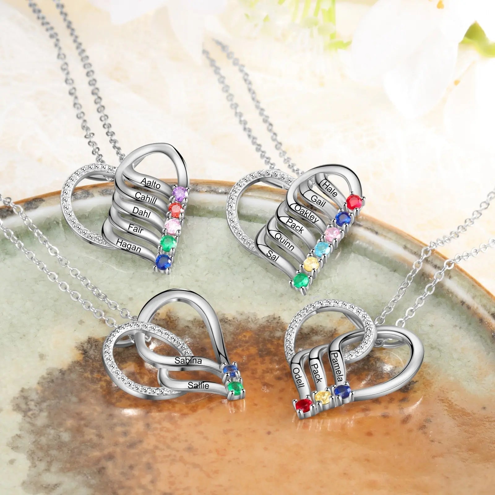 Personalized Family Heart Pendant Necklace with 2-6 Birthstones Name Necklace - Blade & Thread