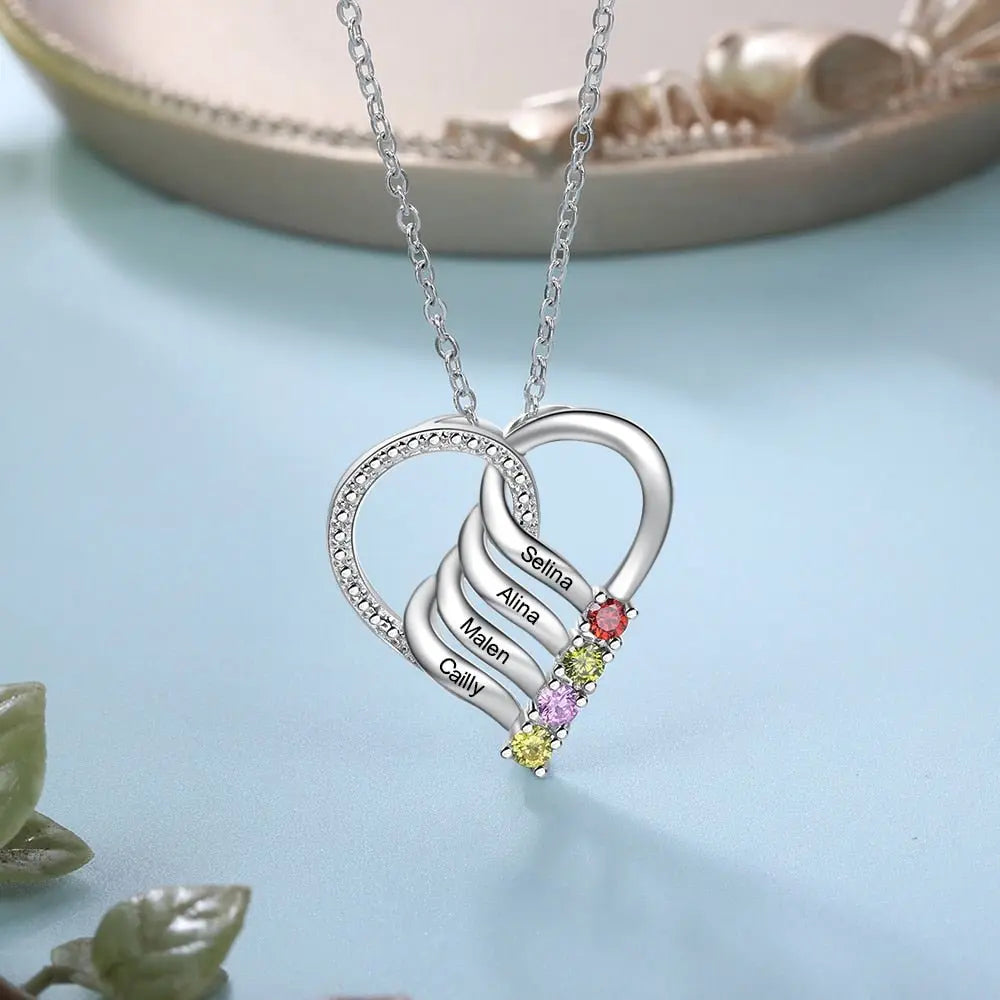 Personalized Family Heart Pendant Necklace with 2-6 Birthstones Name Necklace - Blade & Thread