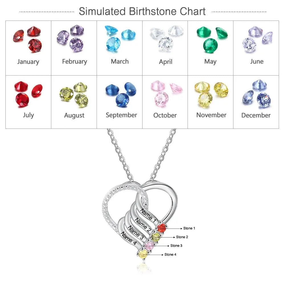 Personalized Family Heart Pendant Necklace with 2-6 Birthstones Name Necklace - Blade & Thread