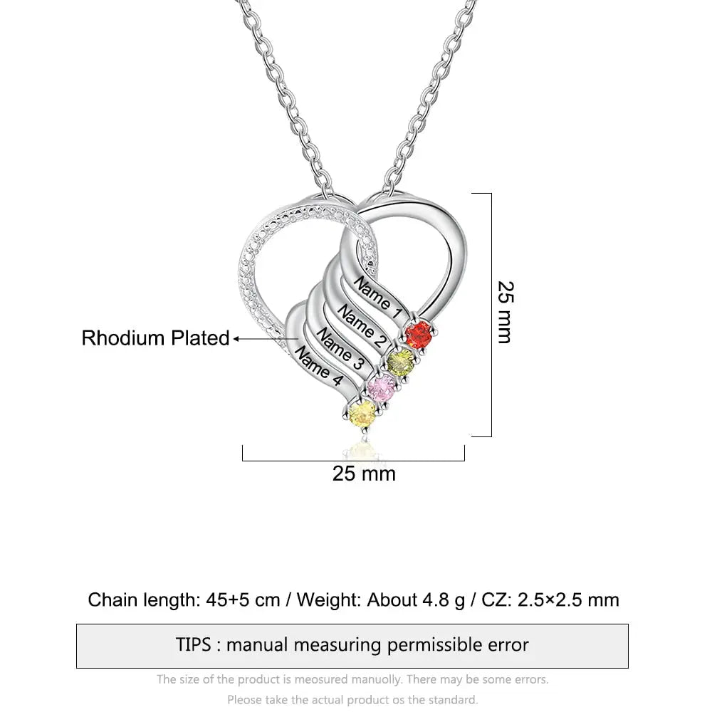 Personalized Family Heart Pendant Necklace with 2-6 Birthstones Name Necklace - Blade & Thread