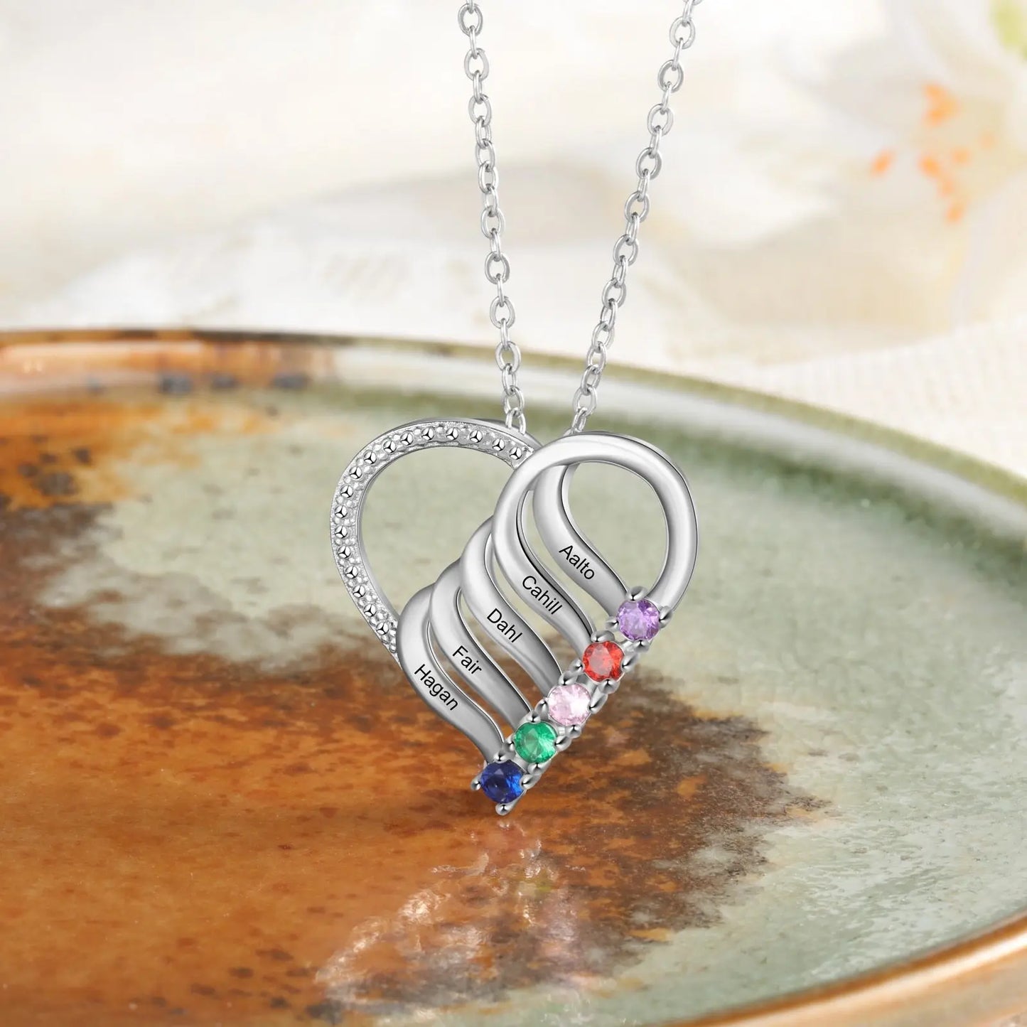 Personalized Family Heart Pendant Necklace with 2-6 Birthstones Name Necklace - Blade & Thread