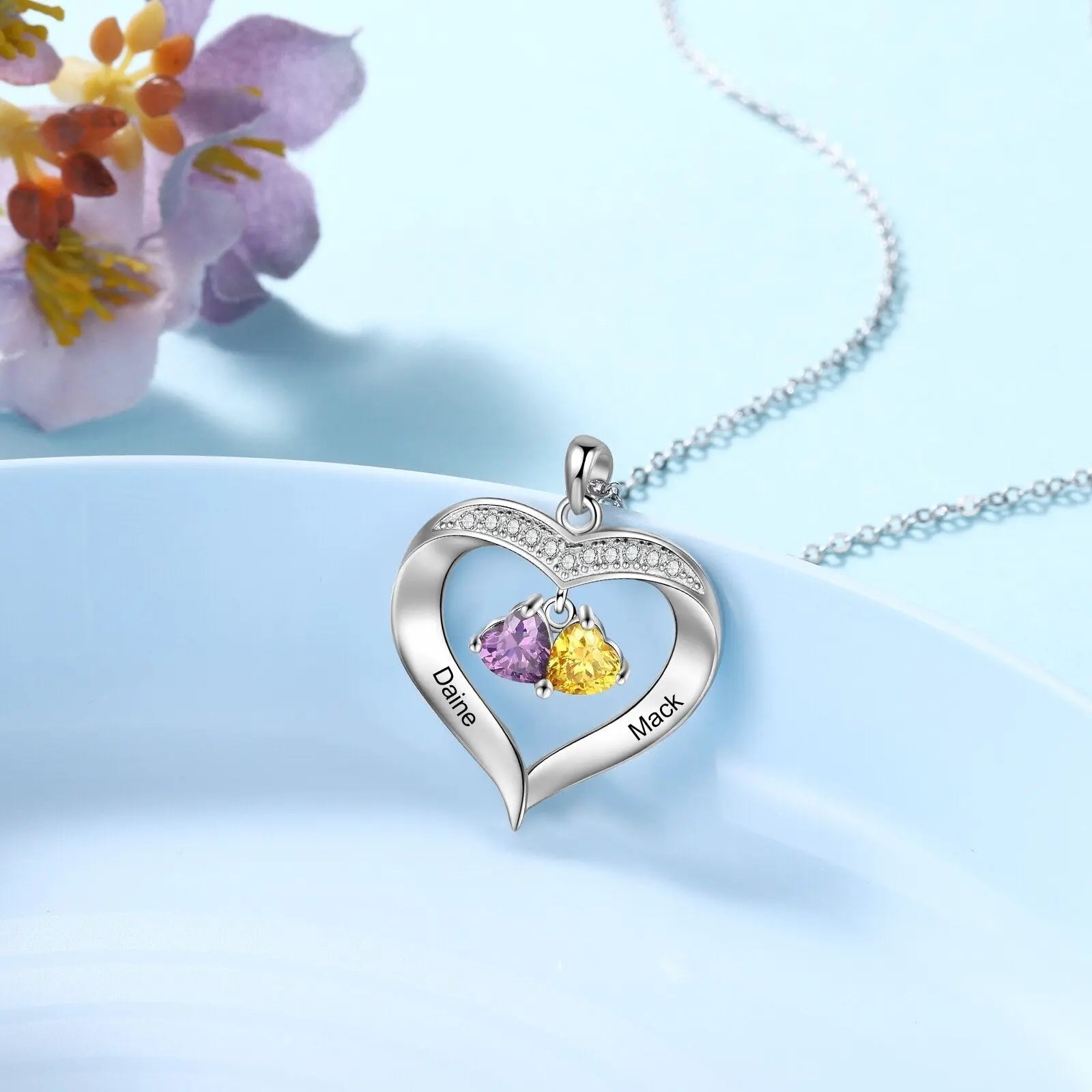 Personalized Heart Name Necklace with 1-8 Engraving Birthstone Pendant - Blade & Thread