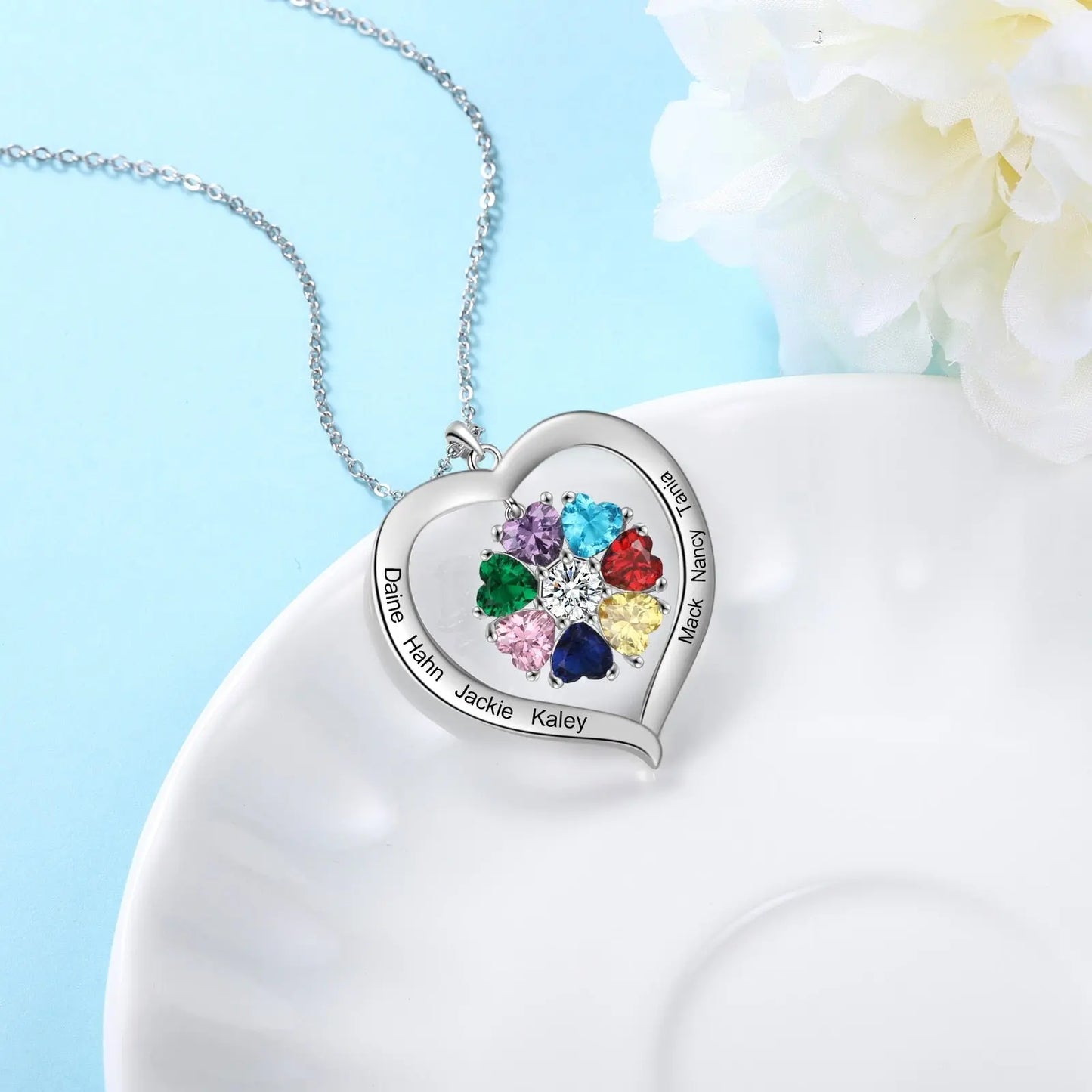 Personalized Heart Name Necklace with 1-8 Engraving Birthstone Pendant - Blade & Thread