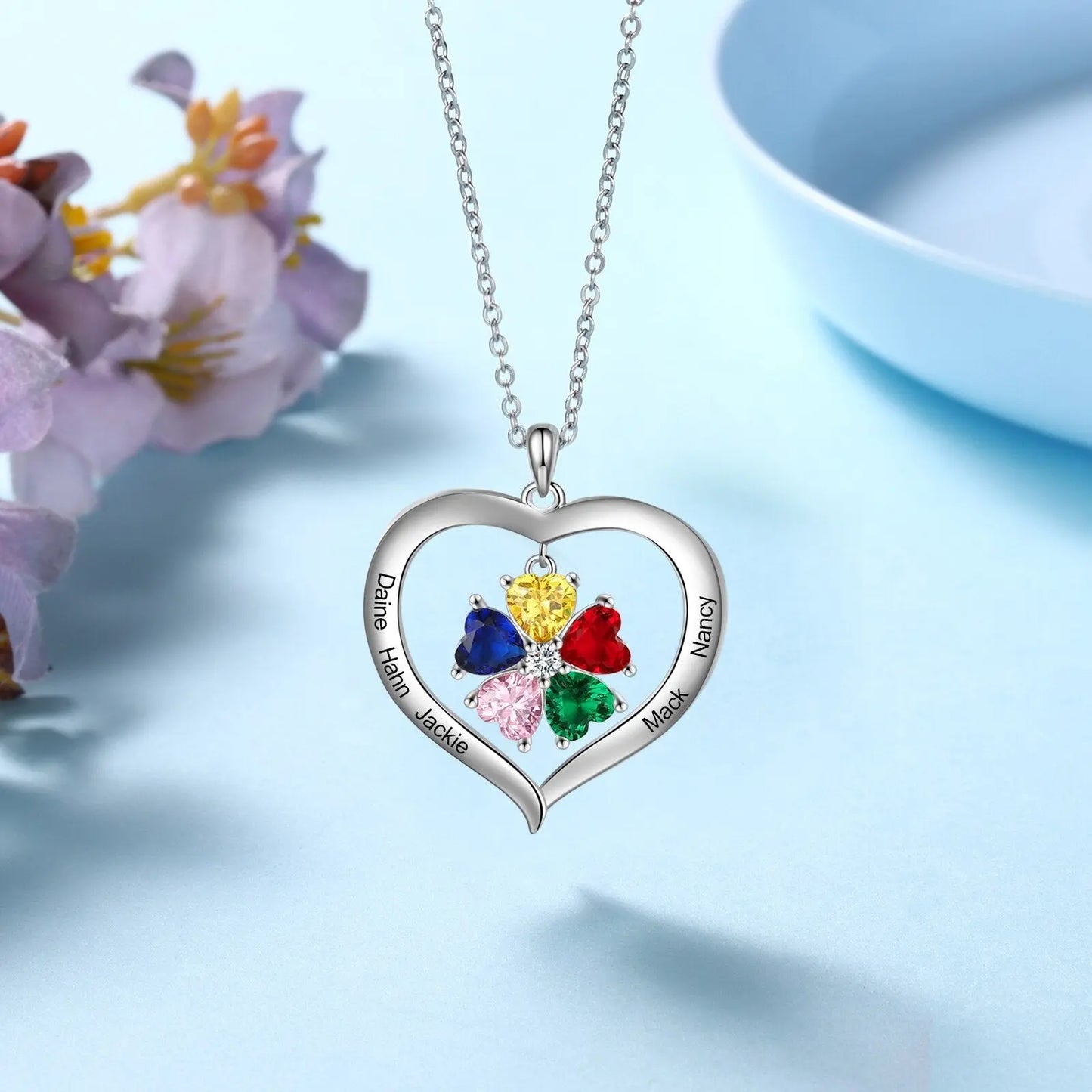 Personalized Heart Name Necklace with 1-8 Engraving Birthstone Pendant - Blade & Thread