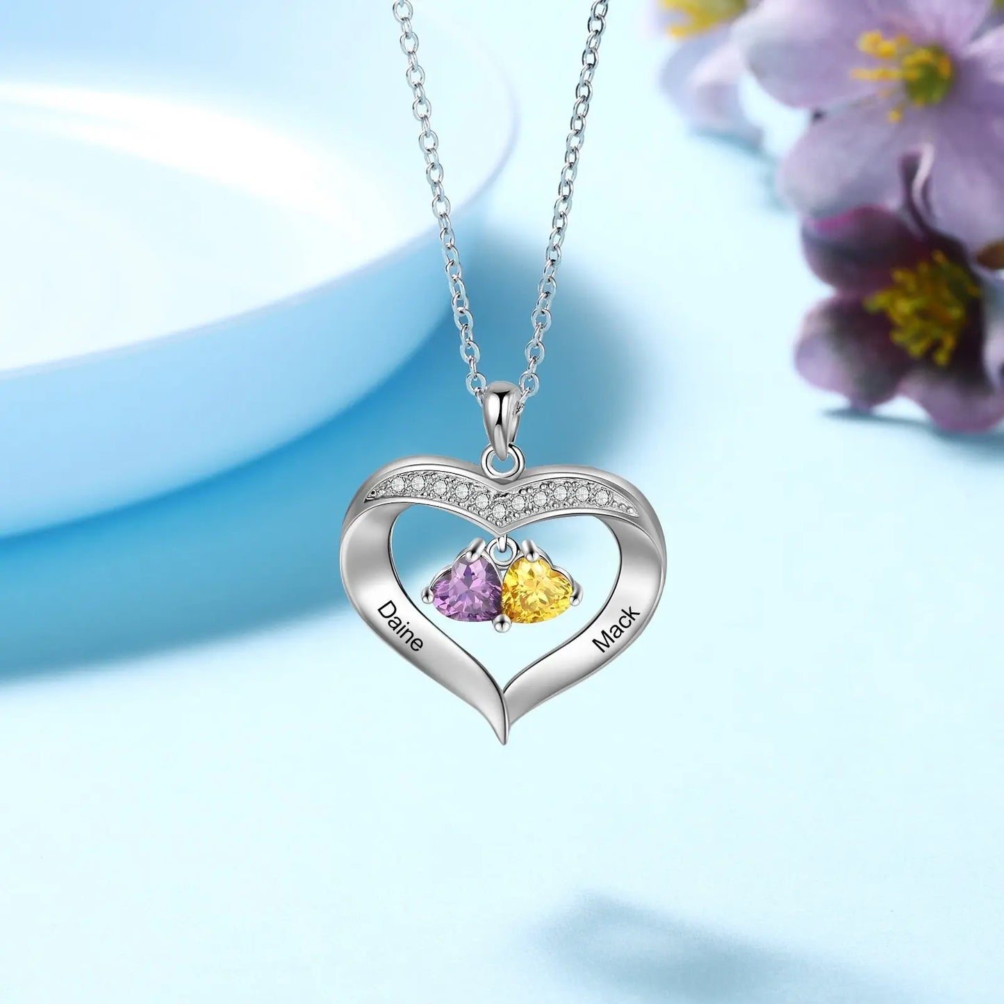 Personalized Heart Name Necklace with 1-8 Engraving Birthstone Pendant - Blade & Thread