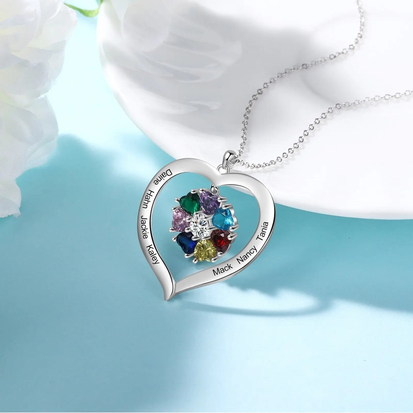 Personalized Heart Name Necklace with 1-8 Engraving Birthstone Pendant - Blade & Thread