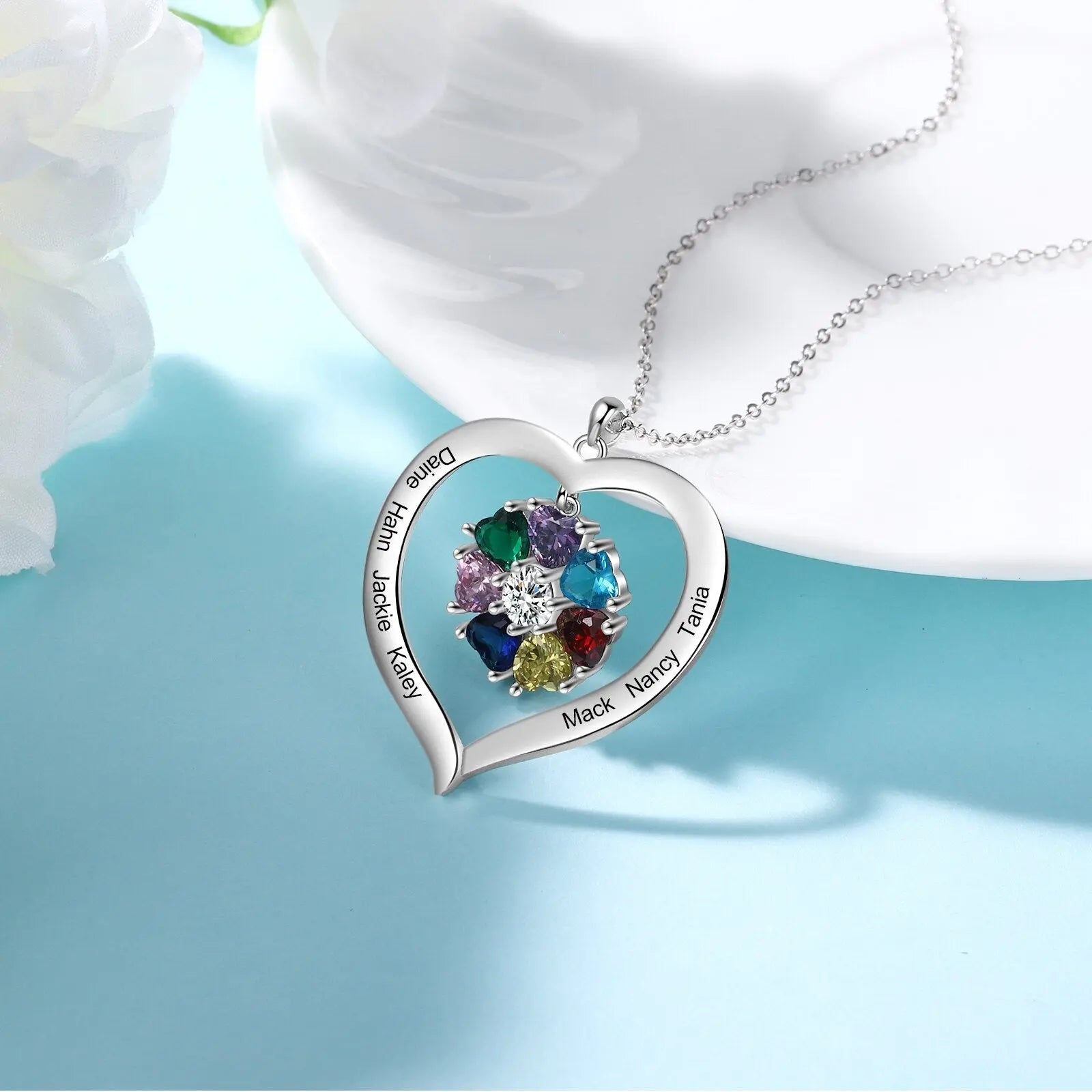 Personalized Heart Name Necklace with 1-8 Engraving Birthstone Pendant - Blade & Thread