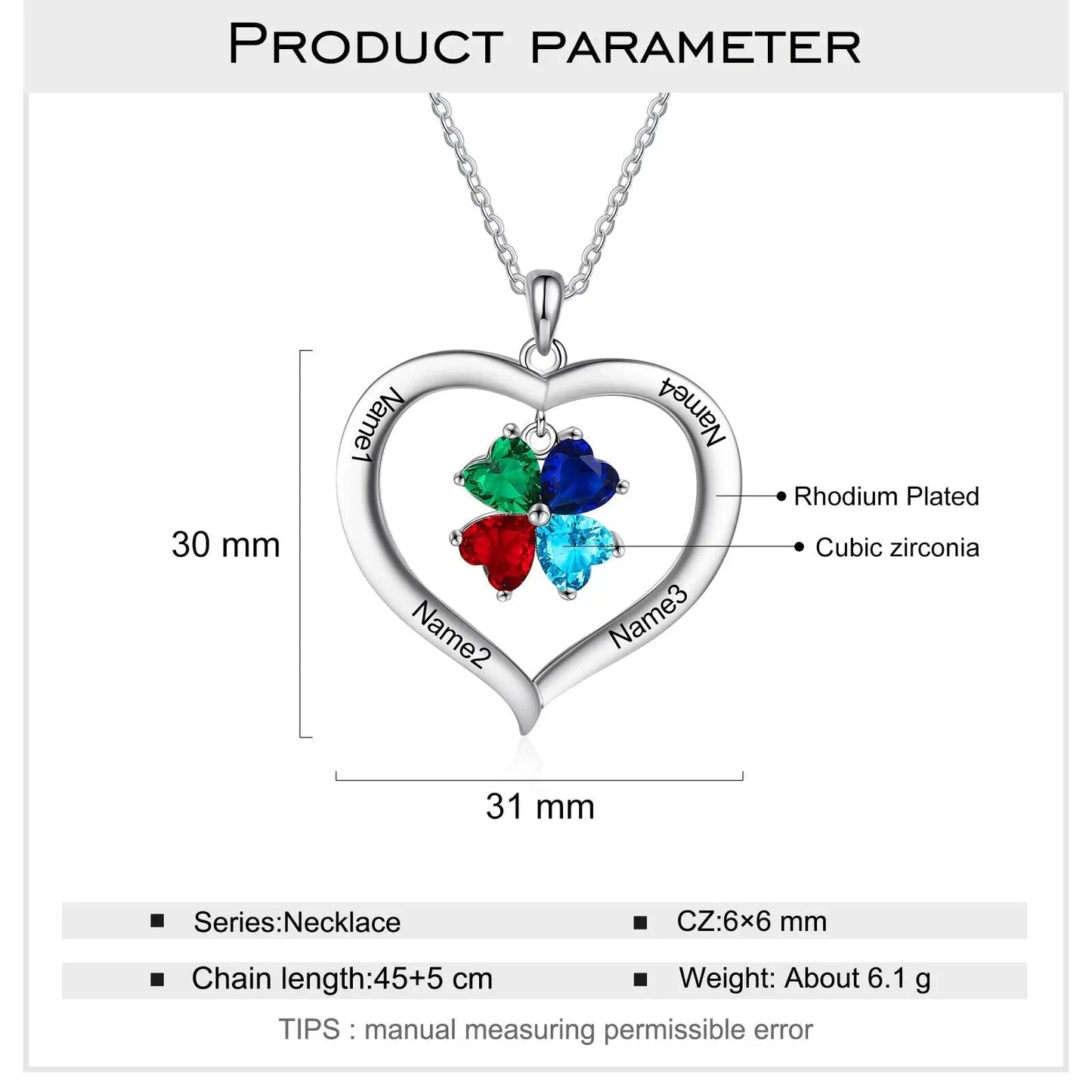 Personalized Heart Name Necklace with 1-8 Engraving Birthstone Pendant - Blade & Thread