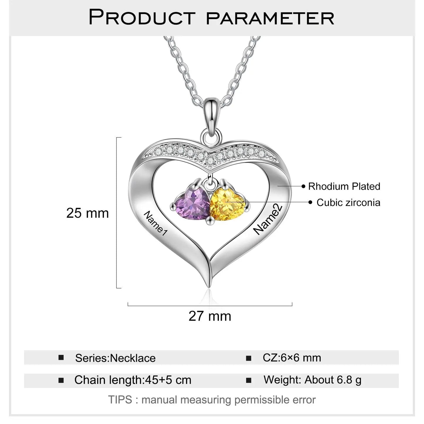 Personalized Heart Name Necklace with 1-8 Engraving Birthstone Pendant - Blade & Thread