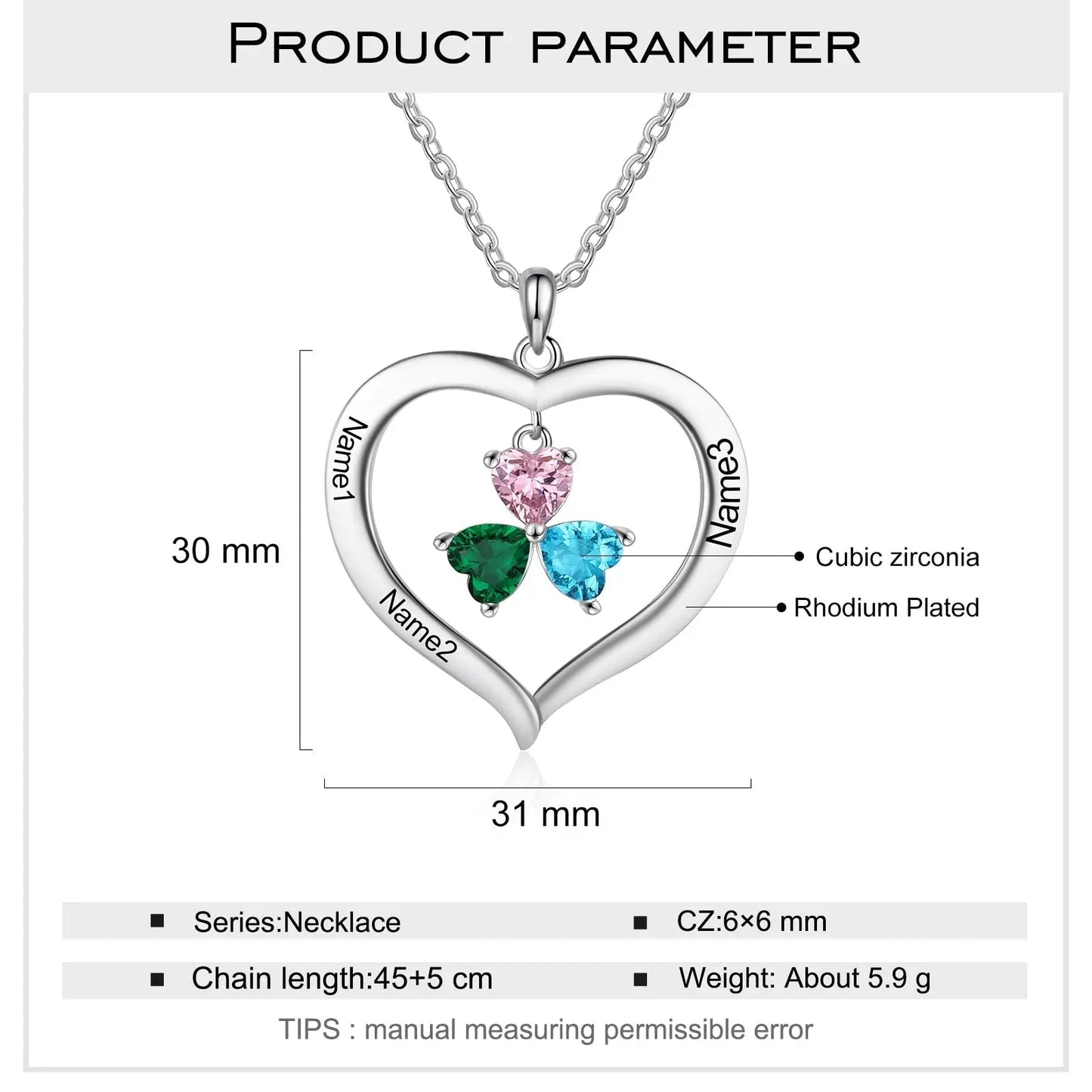 Personalized Heart Name Necklace with 1-8 Engraving Birthstone Pendant - Blade & Thread