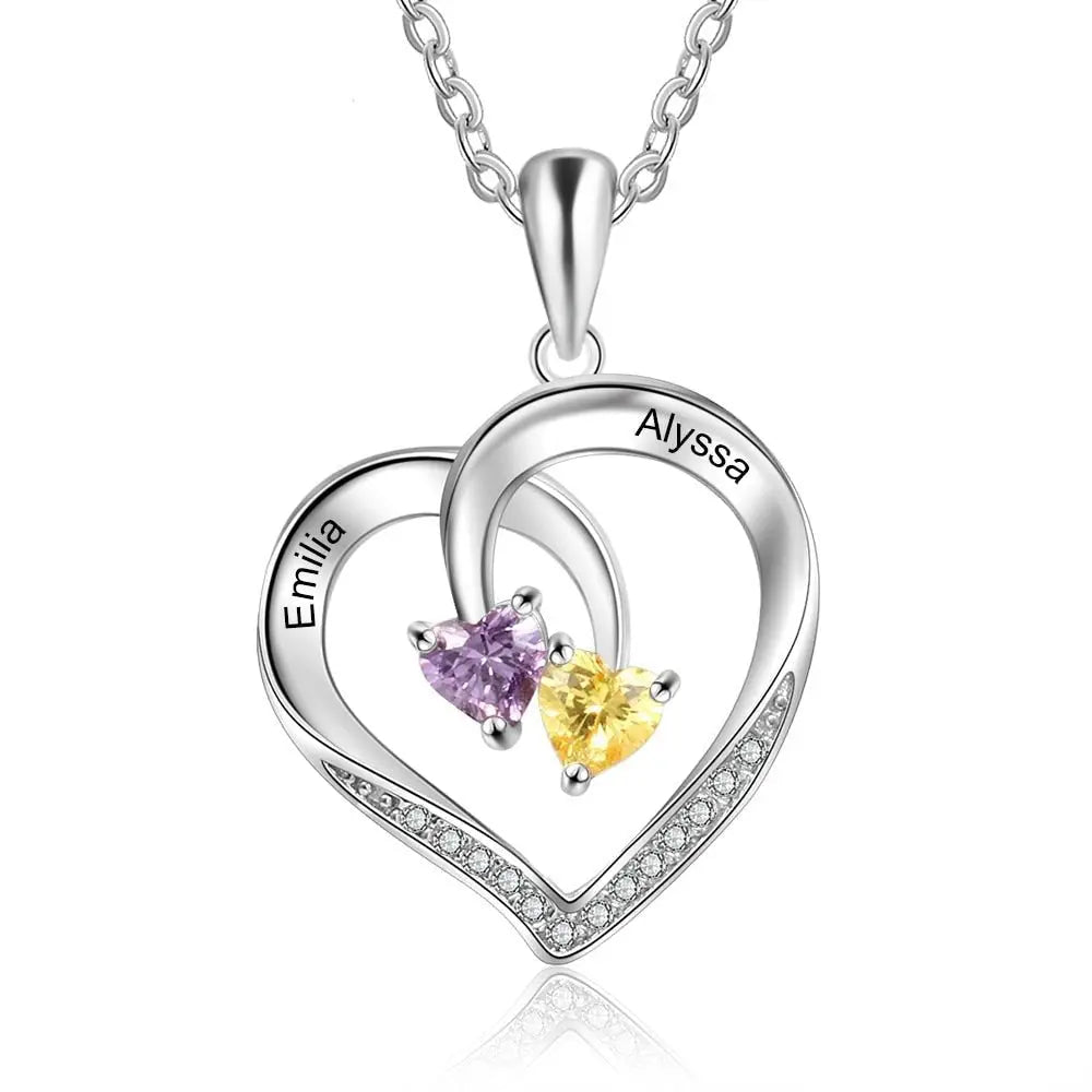 Personalized Heart Necklace with 2 Birthstones Engraved Name Couple Necklace - Blade & Thread
