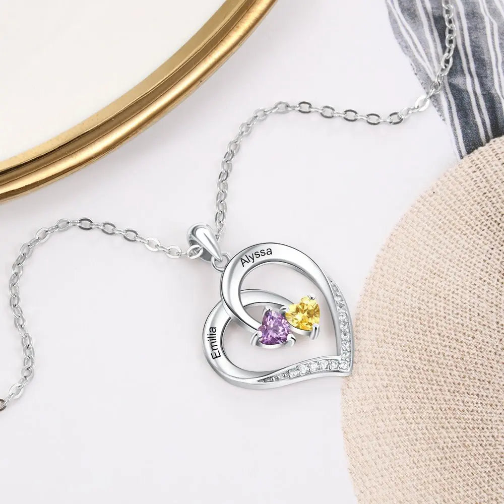 Personalized Heart Necklace with 2 Birthstones Engraved Name Couple Necklace - Blade & Thread