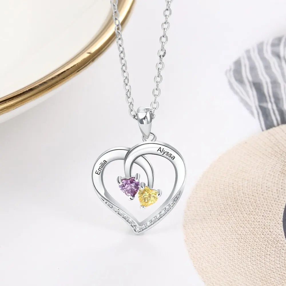Personalized Heart Necklace with 2 Birthstones Engraved Name Couple Necklace - Blade & Thread