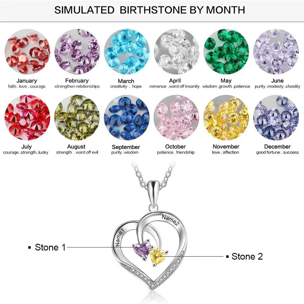 Personalized Heart Necklace with 2 Birthstones Engraved Name Couple Necklace - Blade & Thread