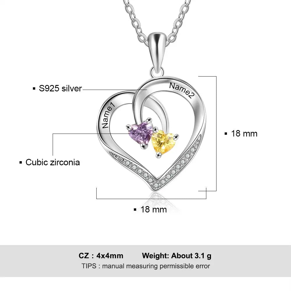Personalized Heart Necklace with 2 Birthstones Engraved Name Couple Necklace - Blade & Thread
