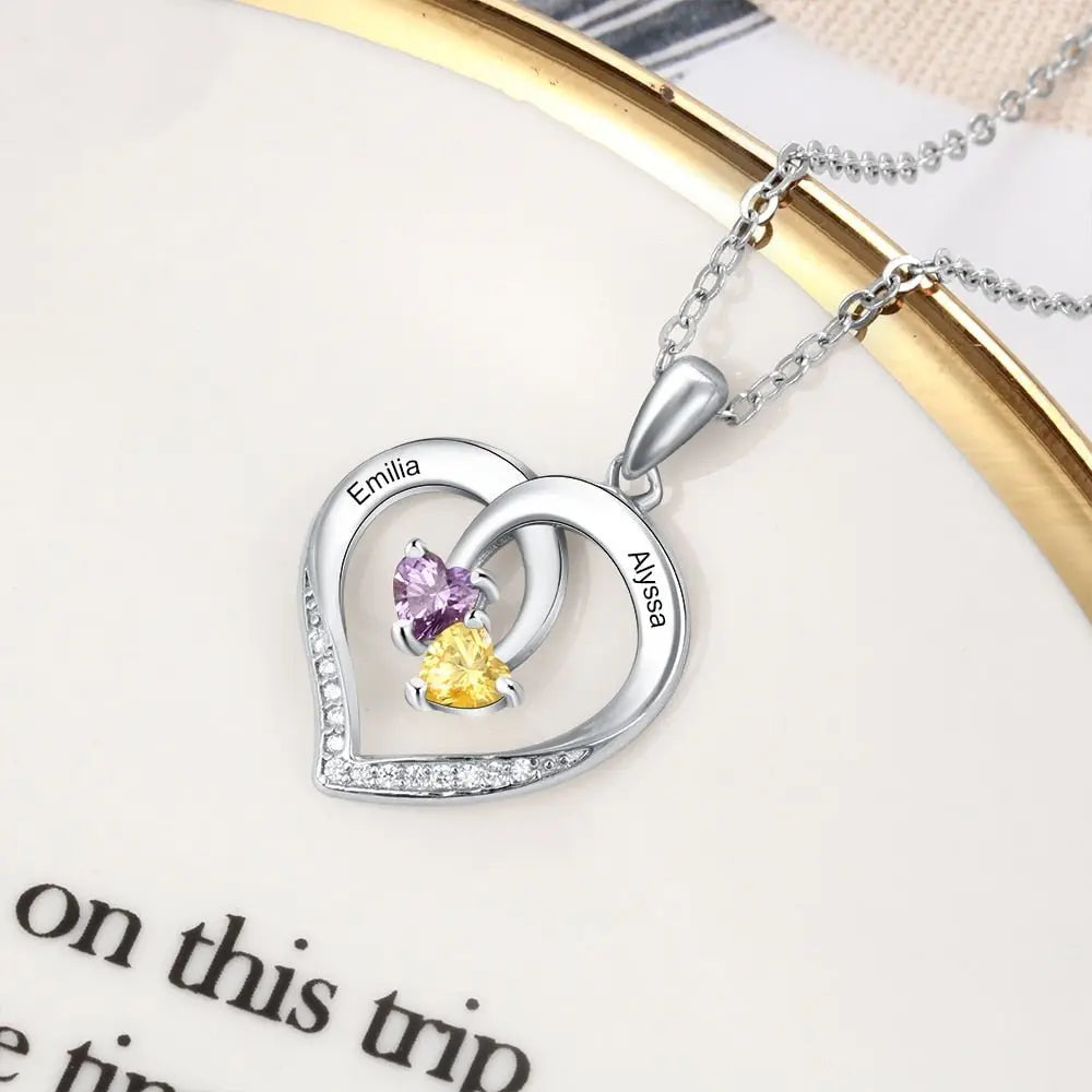 Personalized Heart Necklace with 2 Birthstones Engraved Name Couple Necklace - Blade & Thread