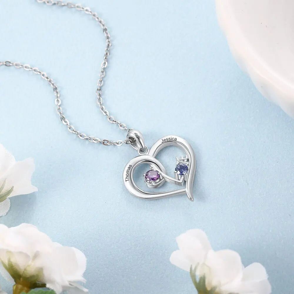 Personalized Heart Necklace with Birthstone Custom Name Engraved Pendant - Blade & Thread