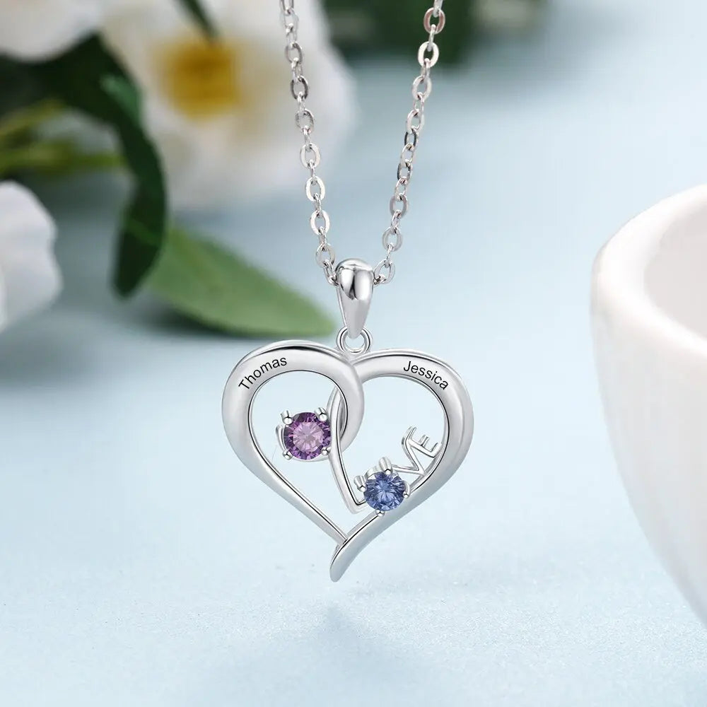 Personalized Heart Necklace with Birthstone Custom Name Engraved Pendant - Blade & Thread